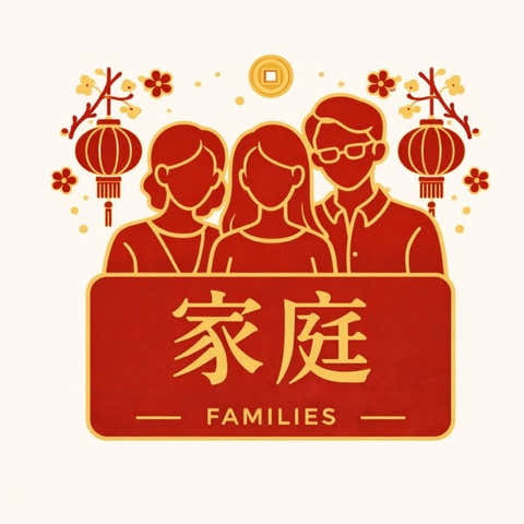 Illustration of a family with Chinese characters and lanterns on a white background
