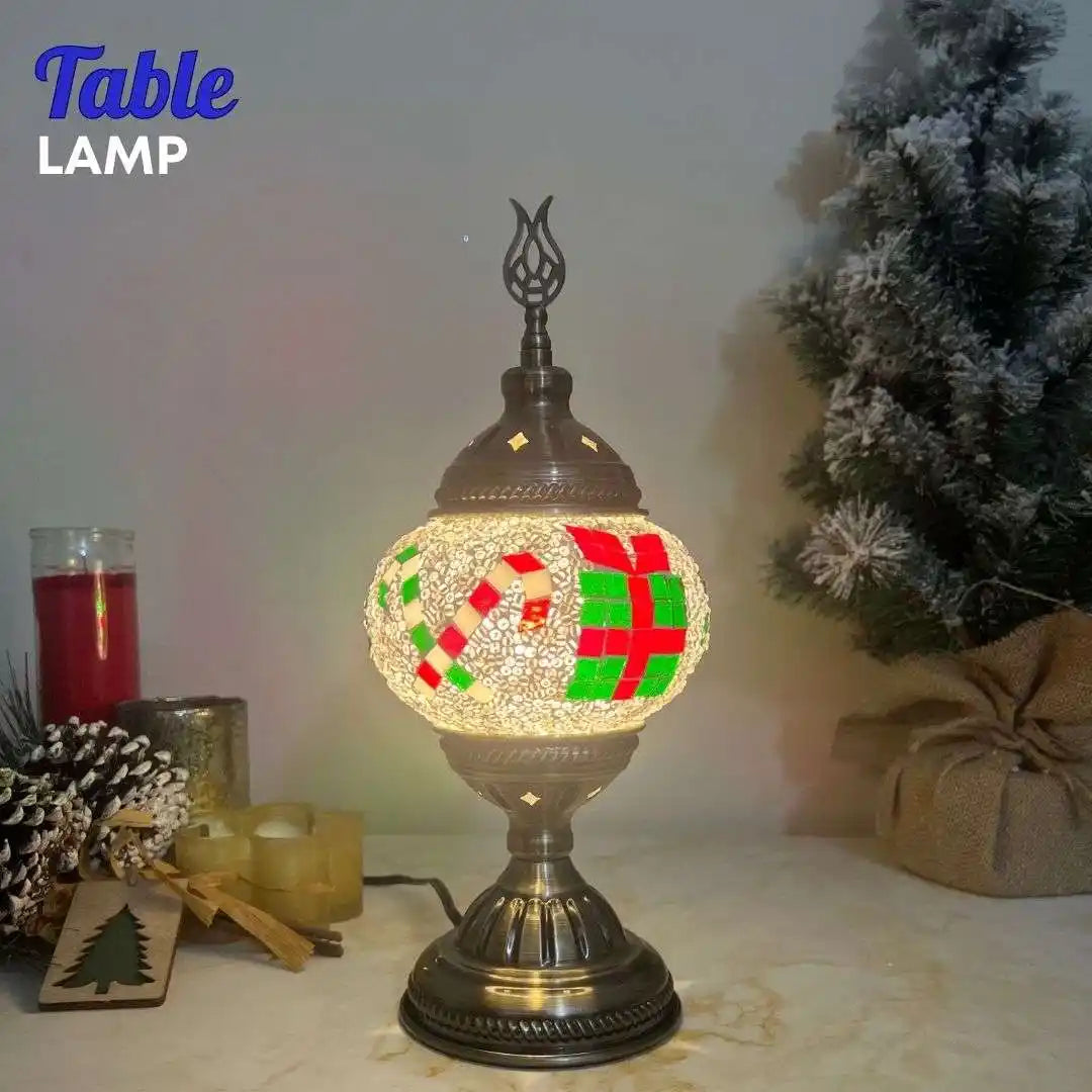 Christmas gift box wreath and candy cane pattern Turkish mosaic table lamp DIY kit with festive holiday decoration