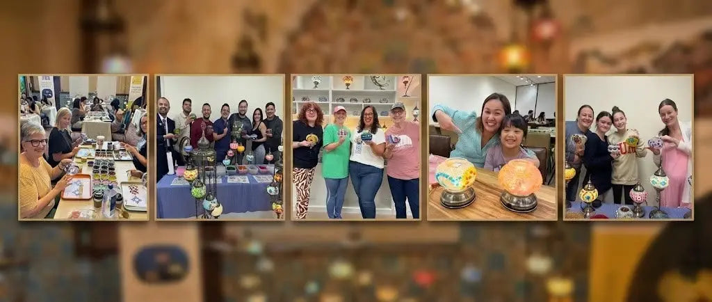 A collage of happy customers at Pedalisa Art: families, mother-daughter duos, corporate teams, and friend groups proudly holding their handmade Turkish mosaic lamps.