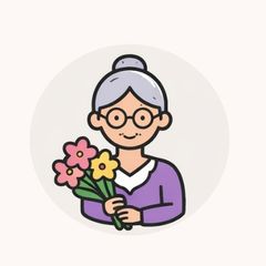 Illustration of an elderly woman holding flowers on a white background