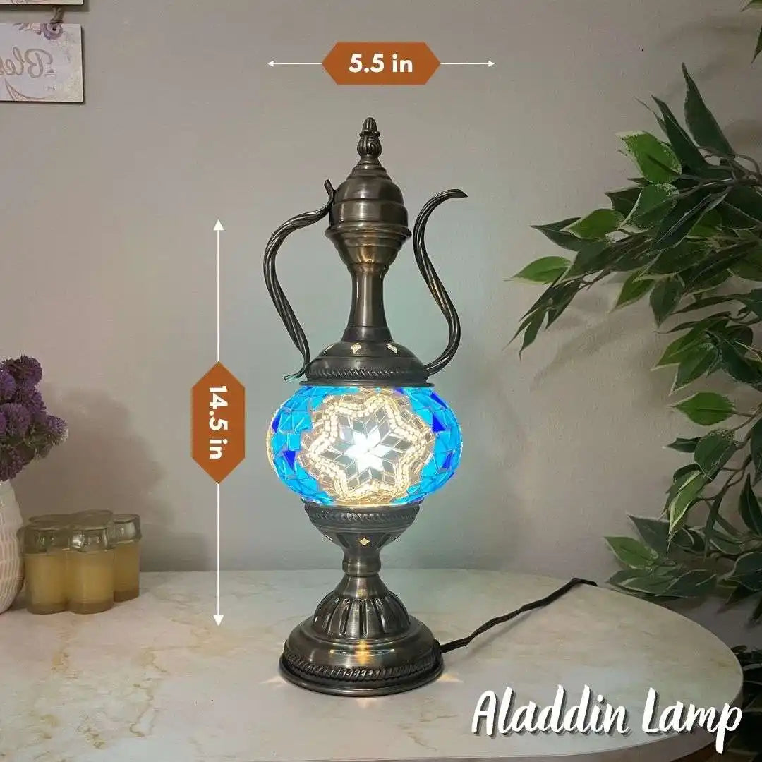 Decorative Turkish Moroccan mosaic Aladdin lamp with measurements on a surface with plants and candles in the background.
