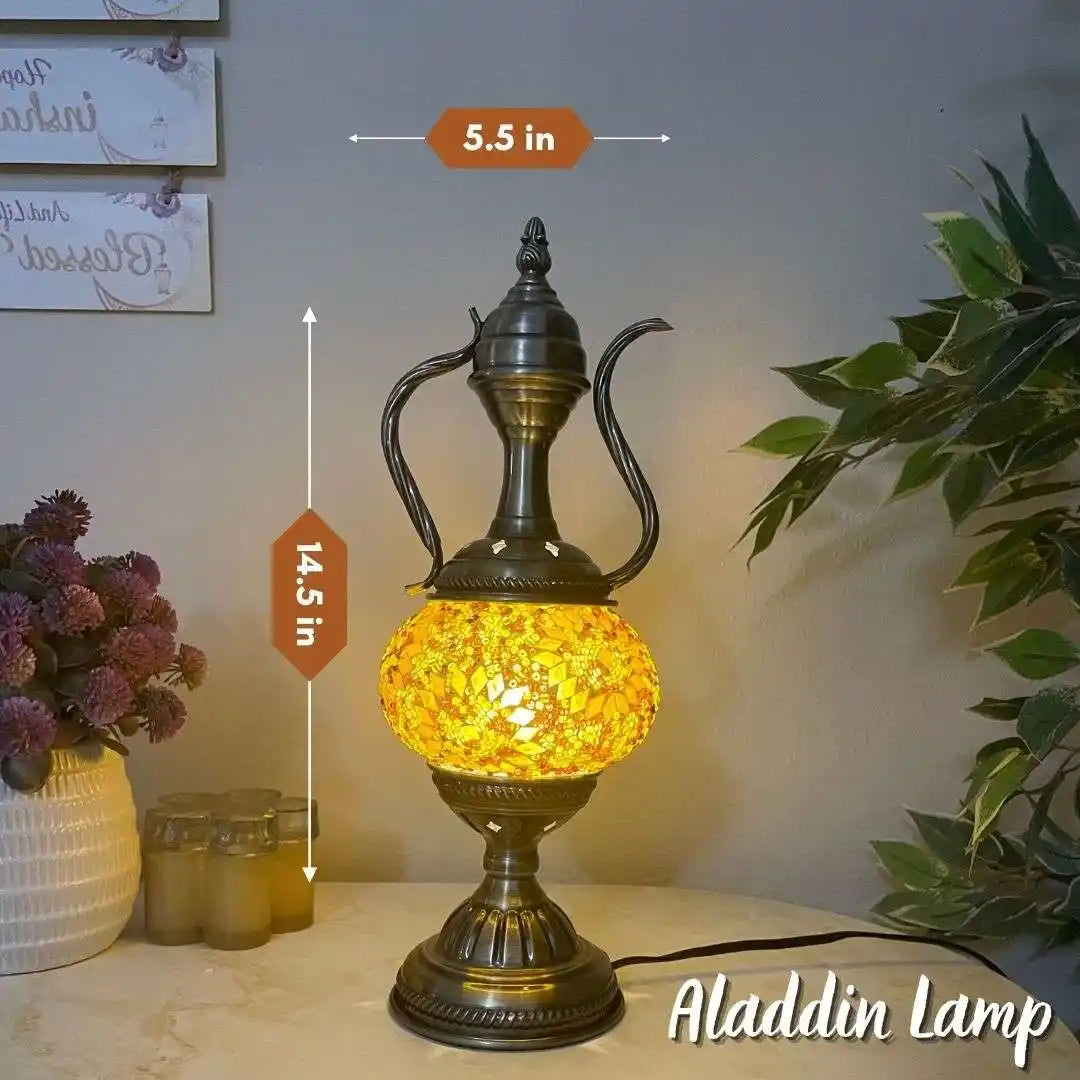 Decorative Turkish Moroccan mosaic lamp with measurements and 'Aladdin Lamp' branding on a table.