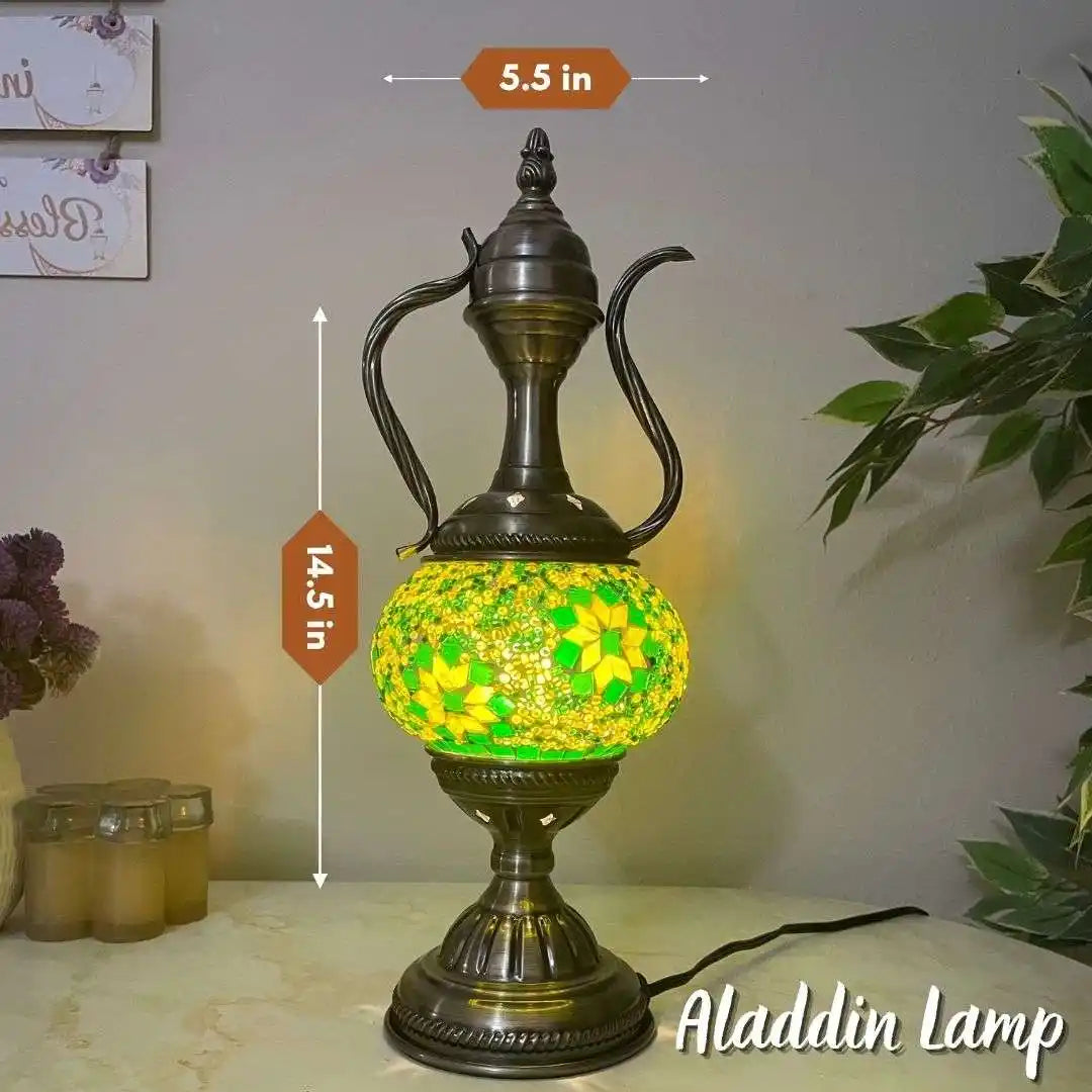 Decorative Turkish Moroccan lamp with green mosaic shade on a table, with dimensions and 'Aladdin Lamp' branding.