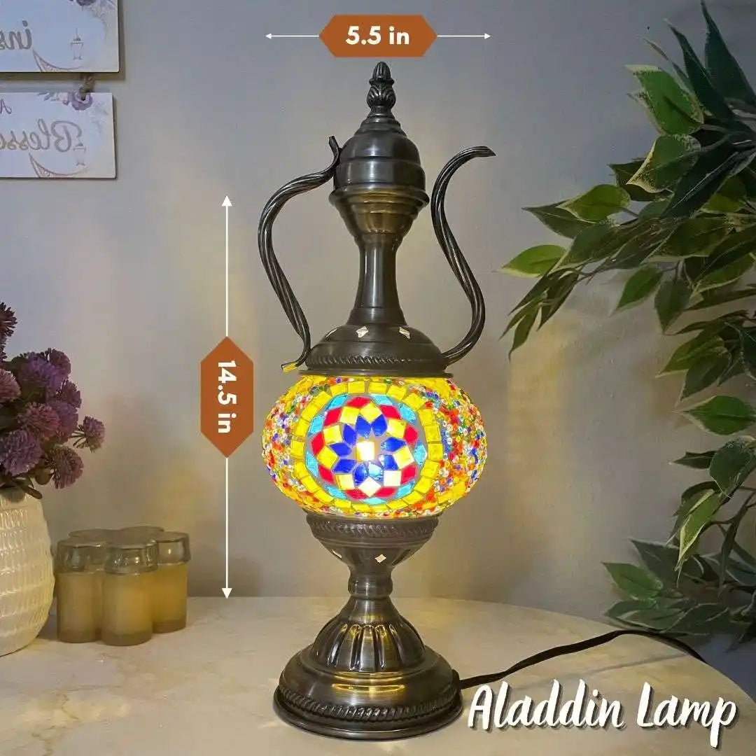 Decorative Turkish Moroccan mosaic lamp with mosaic design and dimensions, placed on a surface with plants and candles in the background.