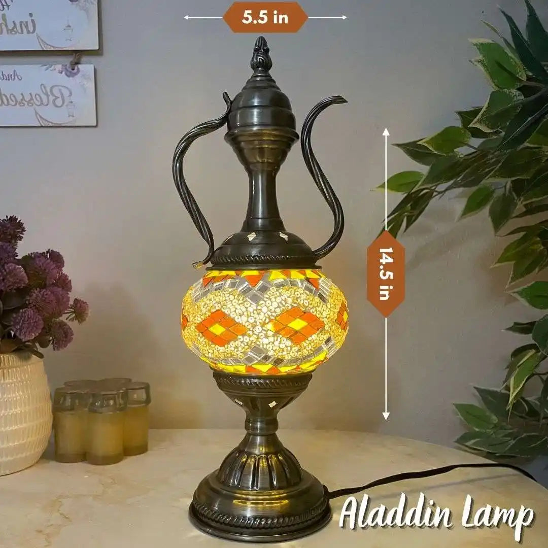 Decorative Turkish Moroccan Mosaic lamp with mosaic design on a table, surrounded by plants and candles.