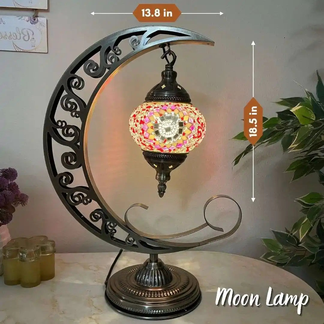 Decorative Turkish Moroccan mosaic moon-shaped lamp with mosaic design on a table, measurements indicated.
