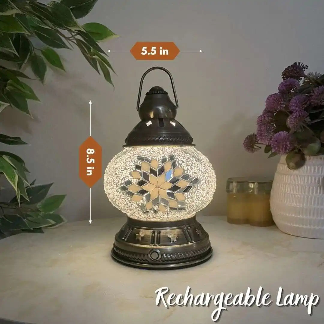 Decorative Turkish Moroccan mosaic rechargeable lamp with dimensions and 'Rechargeable Lamp' text on a neutral background.