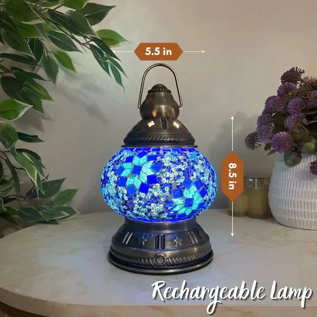 Turkish Moroccan Mosaic rechargeable lamp with dimensions and plant in the background