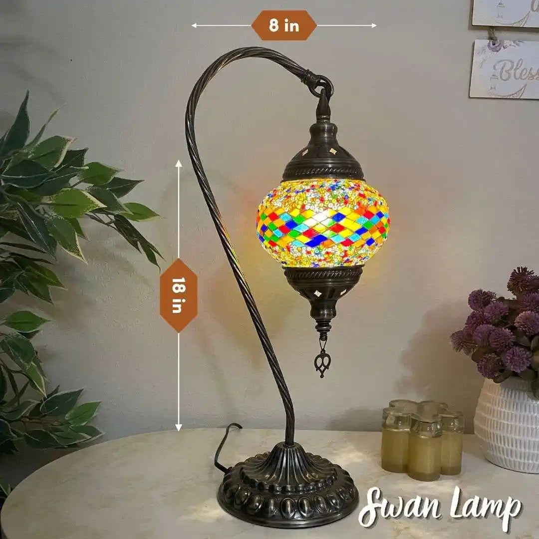 Decorative Turkish Moroccan mosaic table lamp with multicolored glass shade on a stand, with measurements and 'Swan Lamp' branding.