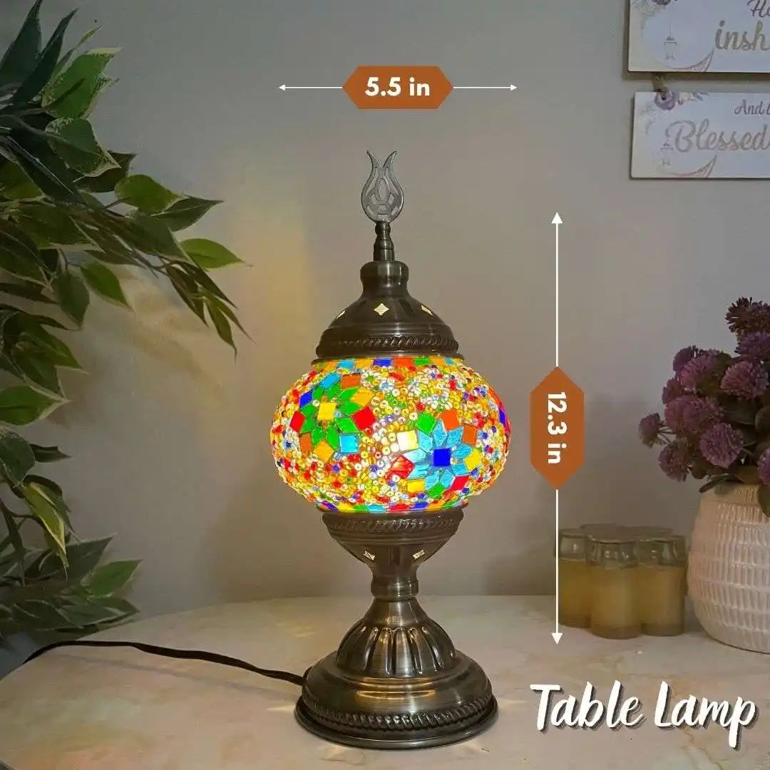 Turkish Moroccan Mosaic Table lamp with mosaic glass shade, measurements indicated, on a surface with decorative items.