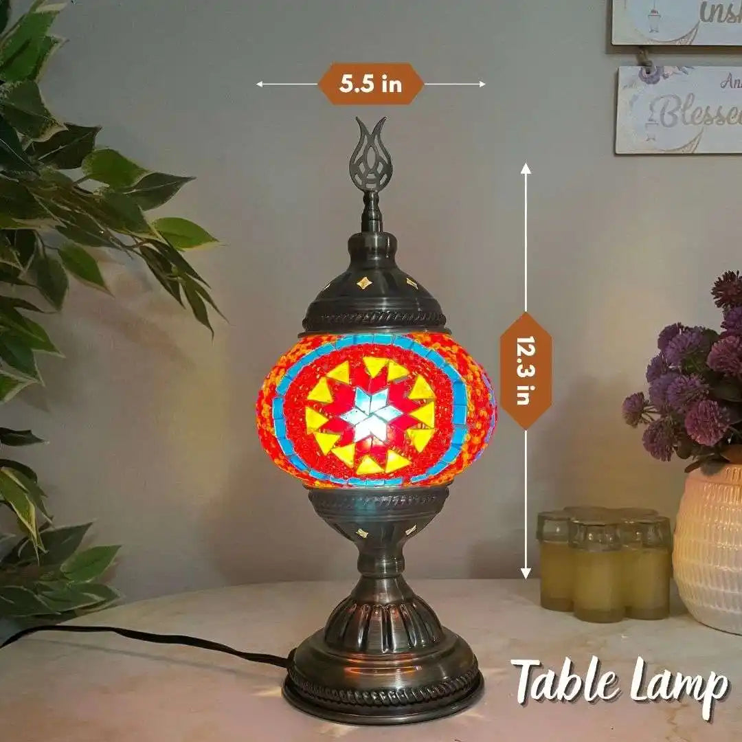 Decorative Turkish Moroccan mosaic table lamp with colorful design and measurements on a neutral background