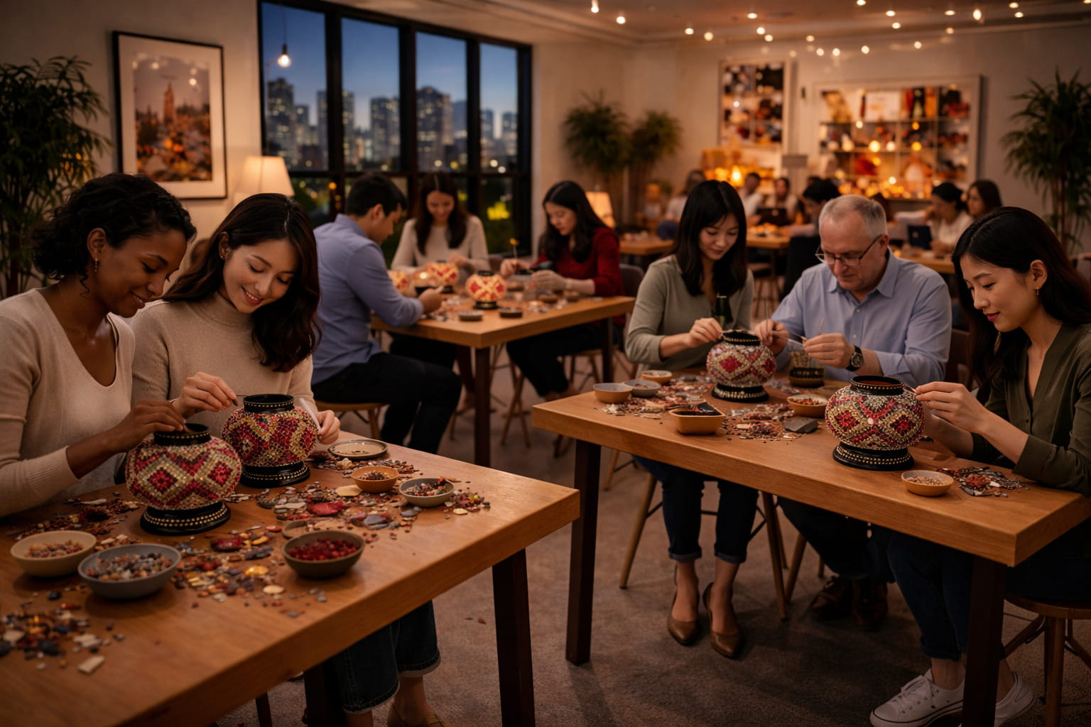 People enjoying a meal together in a cozy restaurant with cityscape view.