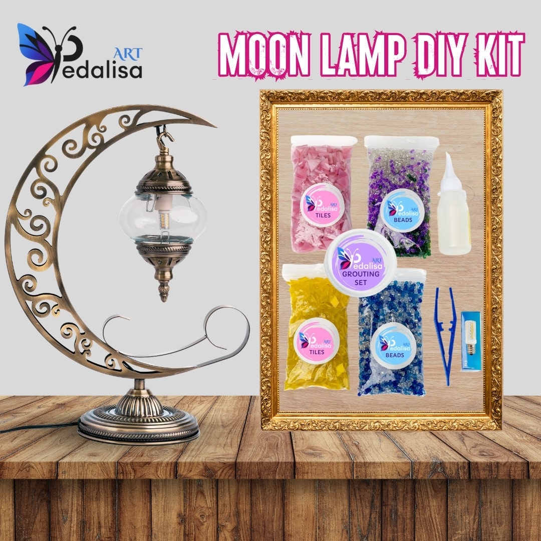 Moon lamp DIY kit with decorative frame and materials on a wooden surface