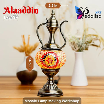 Decorative mosaic lamp with 'Alaaddin' branding on a wooden surface.