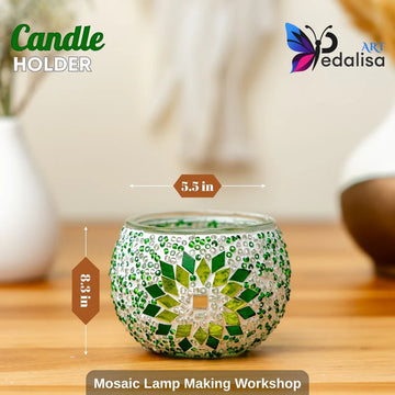 Mosaic candle holder with green pattern on a wooden surface, featuring Pedalisa branding.