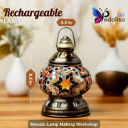Mosaic camping lamp with decorative design on a wooden surface, featuring Pedalisa Art branding.