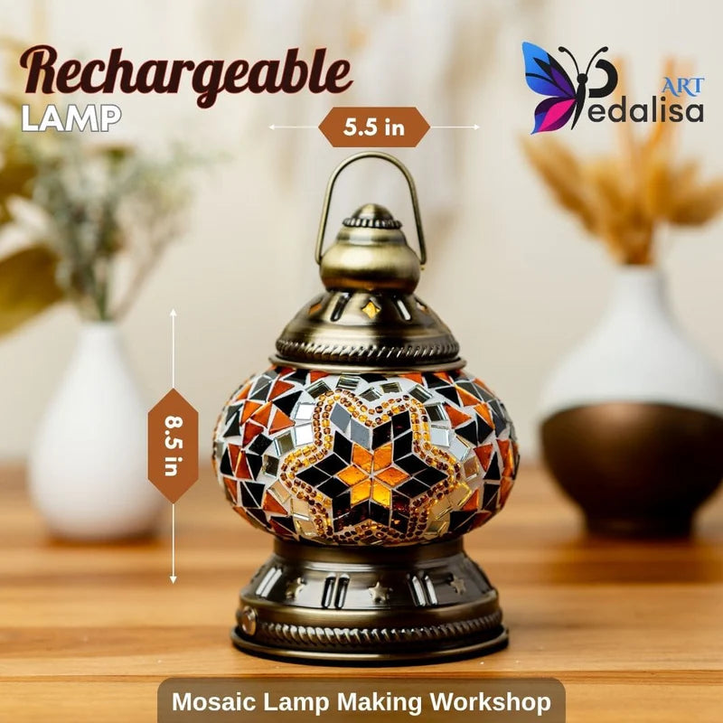 Mosaic camping lamp with decorative design on a wooden surface, featuring Pedalisa Art branding.