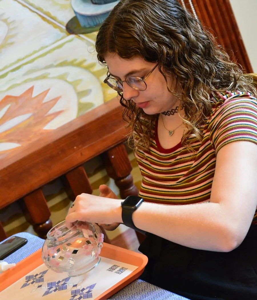 Church group mosaic lamp workshop, community members creating together at Pedalisa Art