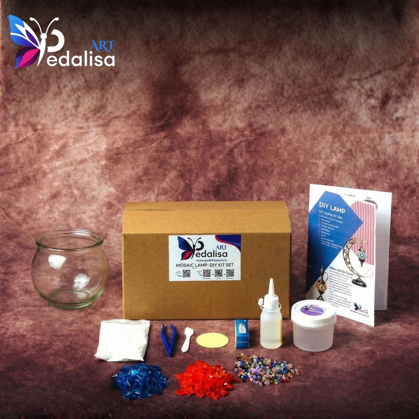 Candle Holder DIY kit with materials on a brown background