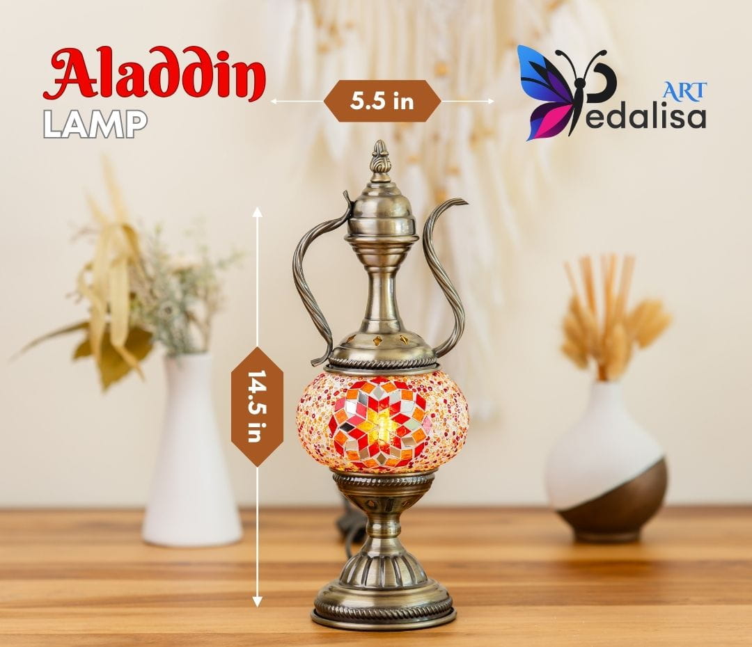 Decorative mosaic aladdin lamp on a wooden surface.