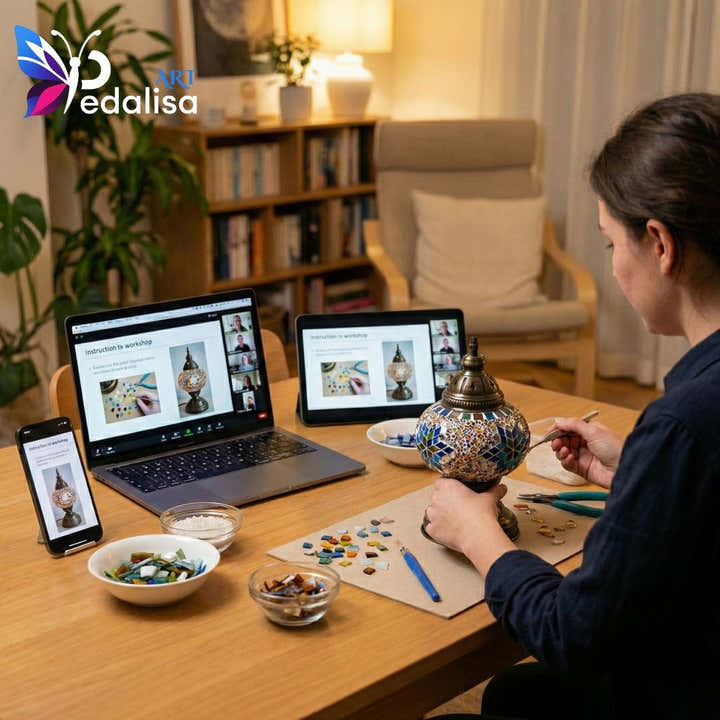Person working on a decorative item with a laptop and smartphone displaying a video call, in a home office setting.
