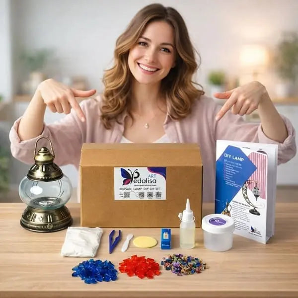 Turkish mosaic lamp DIY kit with colorful glass pieces, beads, grout, tools, and finished glowing lamp