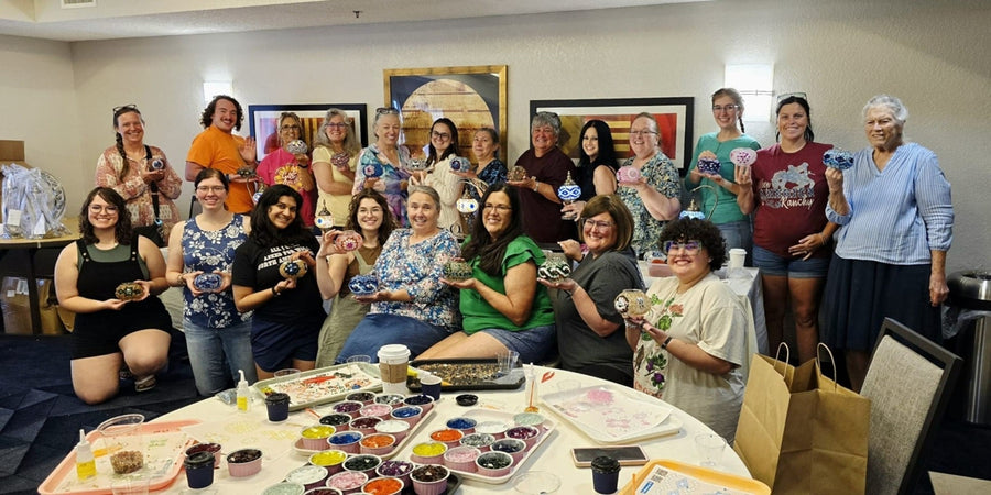 Friends enjoying a private mosaic lamp workshop party at Pedalisa Art studio