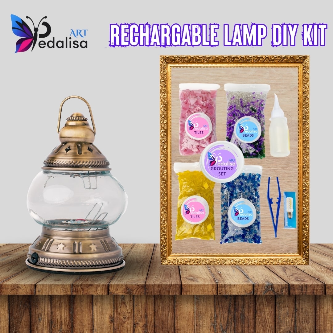 Rechargeable lamp DIY kit with lantern and materials on a wooden surface
