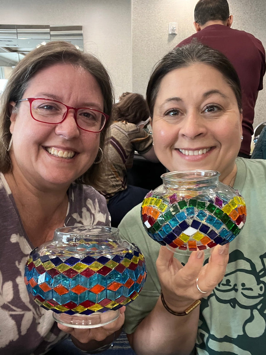 Community center mosaic lamp workshop, local group creating Turkish art together at Pedalisa Art