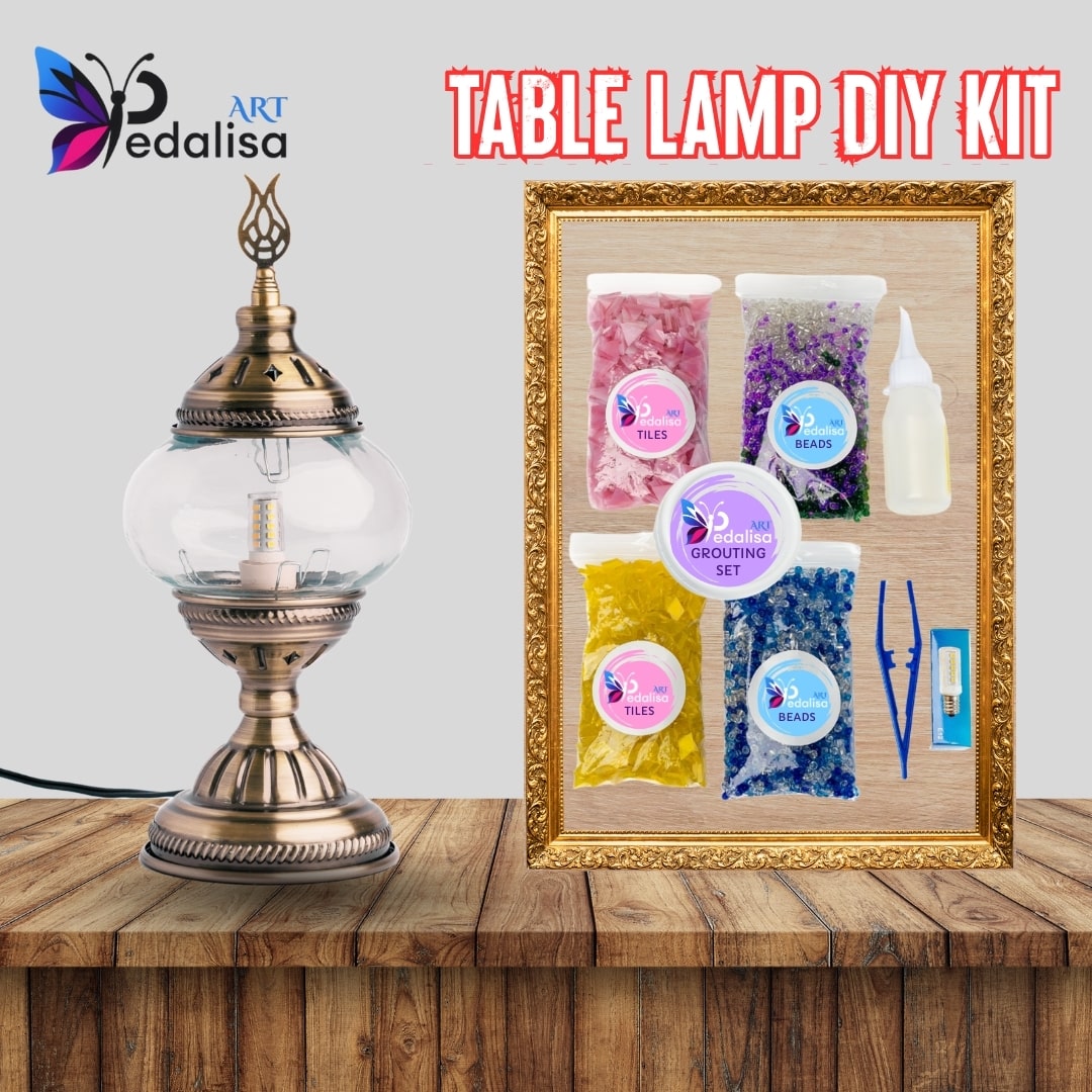 Table lamp DIY kit with materials and components on a wooden surface