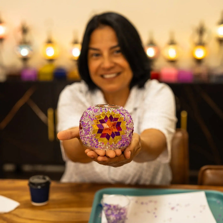 Hospital art therapy mosaic lamp workshop by Pedalisa Art, patients creating together