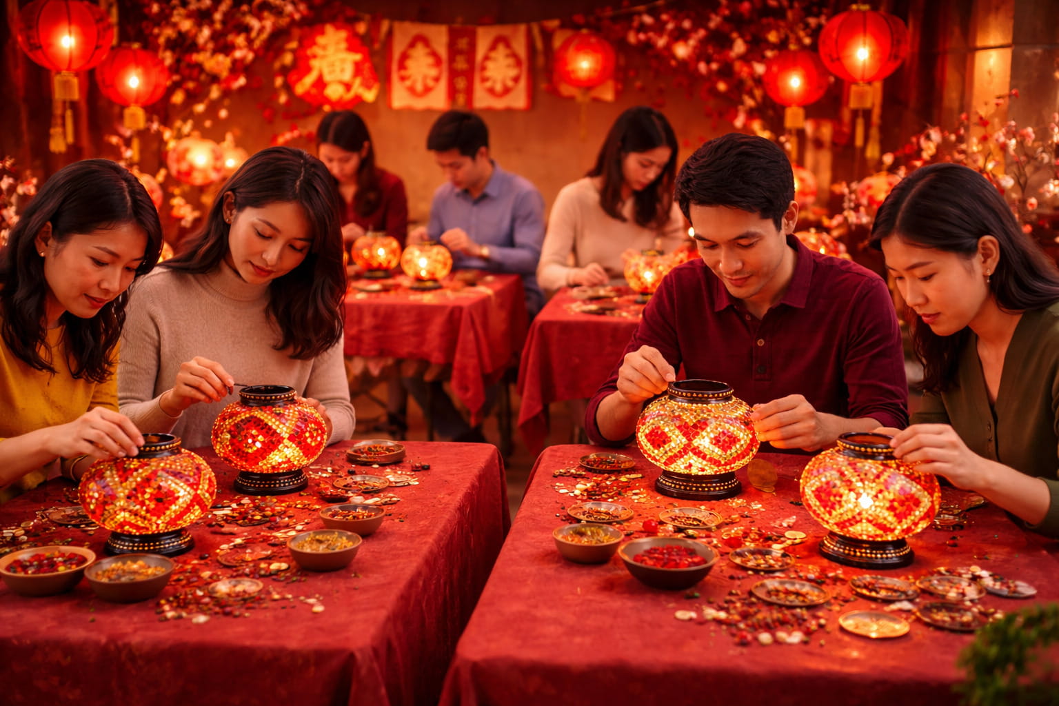 People gathered around tables with decorative lanterns and small items, likely participating in a traditional activity.